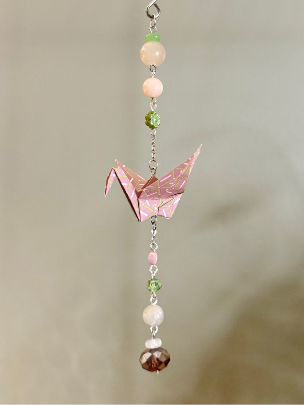 Origami Ornament 2522 - Small Crane with Repurposed Glass and Stone Beads